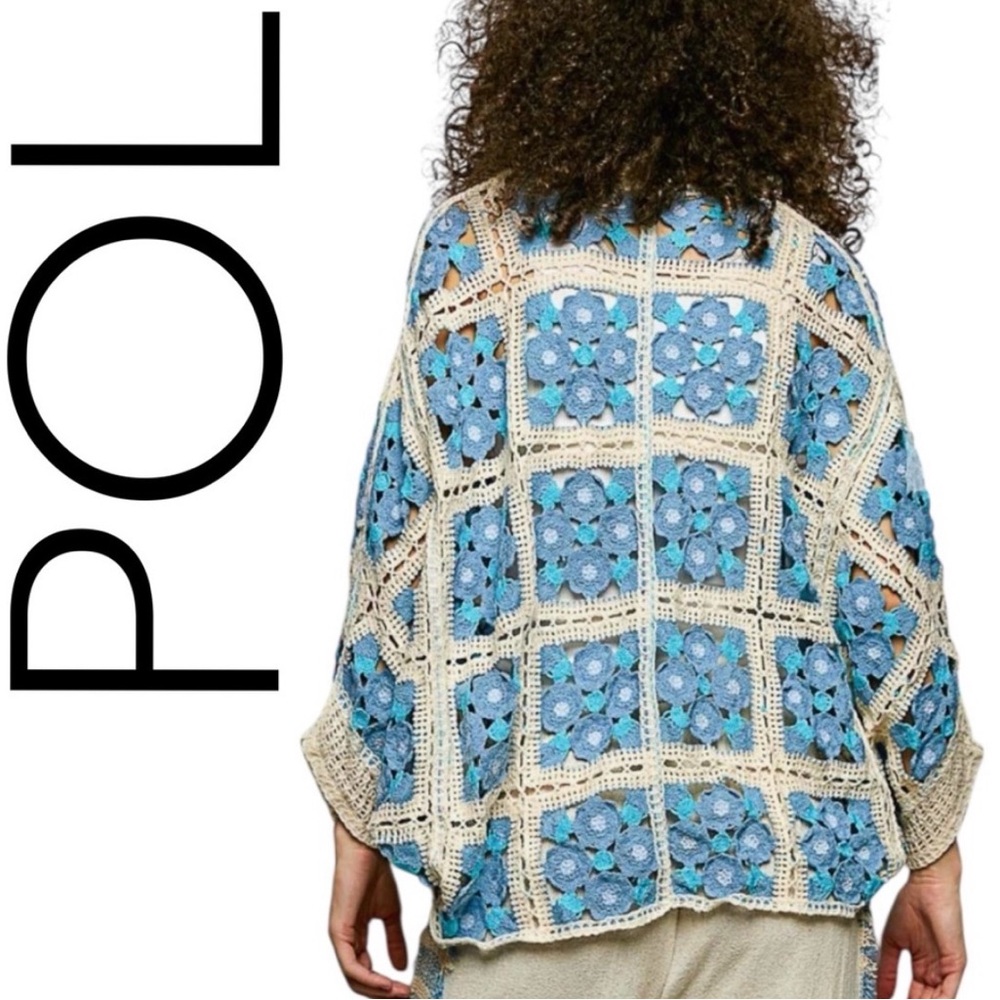#1254 POL Blue and Cream Floral Crochet Sweater - Picture 2 of 2